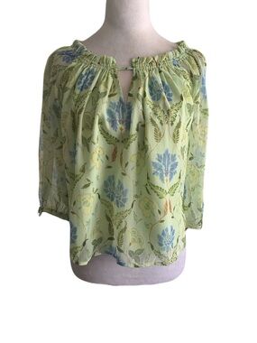 NWT Loft Petite Large Light Green Blue Floral Print Boho Feminine Blouse Top
